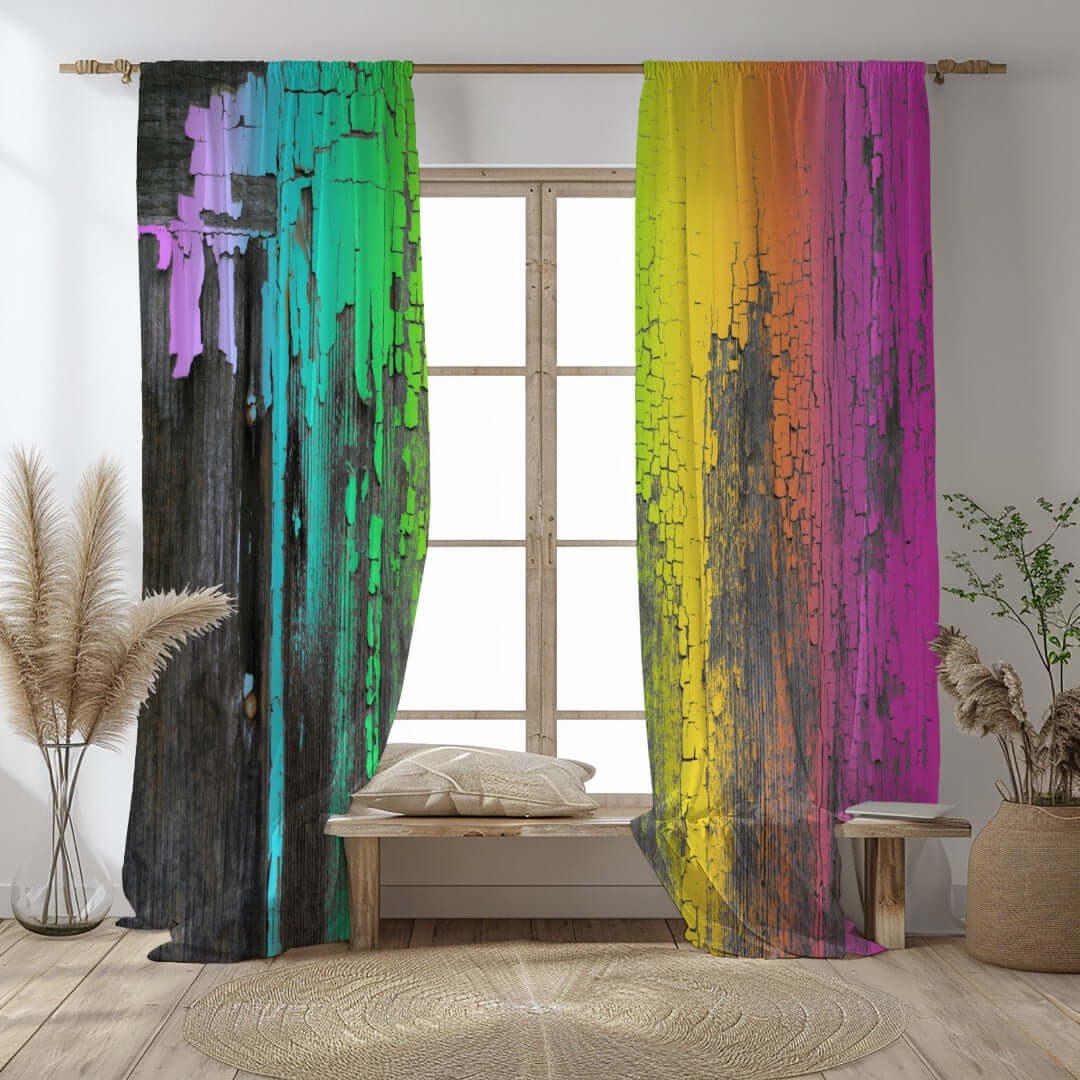 Rainbow Crackle Abstract Art Unlined Colorful Window Curtains