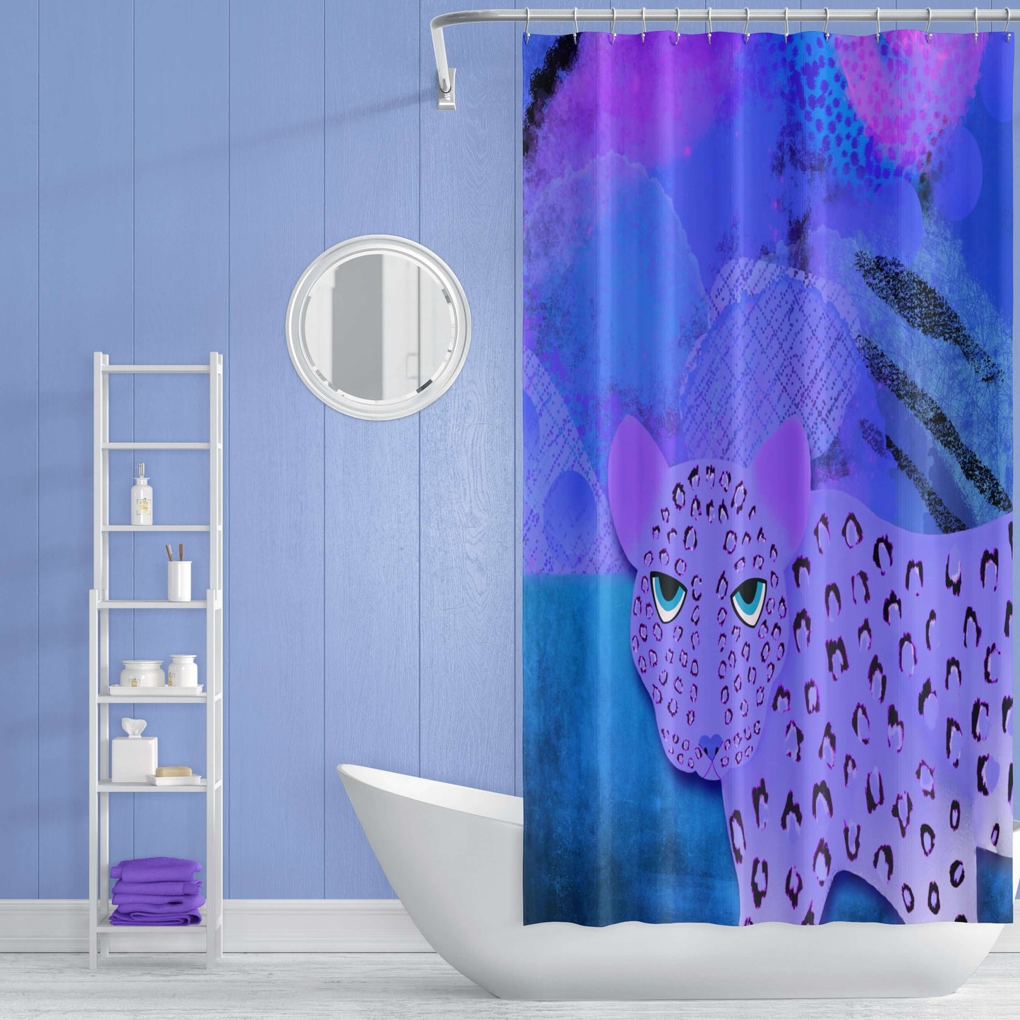 Blue Leopard Abstract Art Colorful Shower Curtain