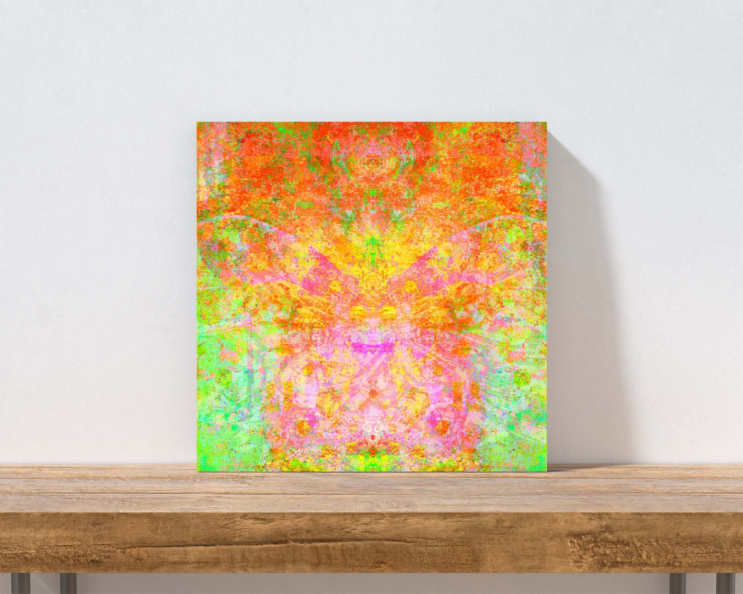 Green and Orange Butterfly Shaped “Firefly” Abstract Art Canvas Print Wall Art Small Canvas on Shelf