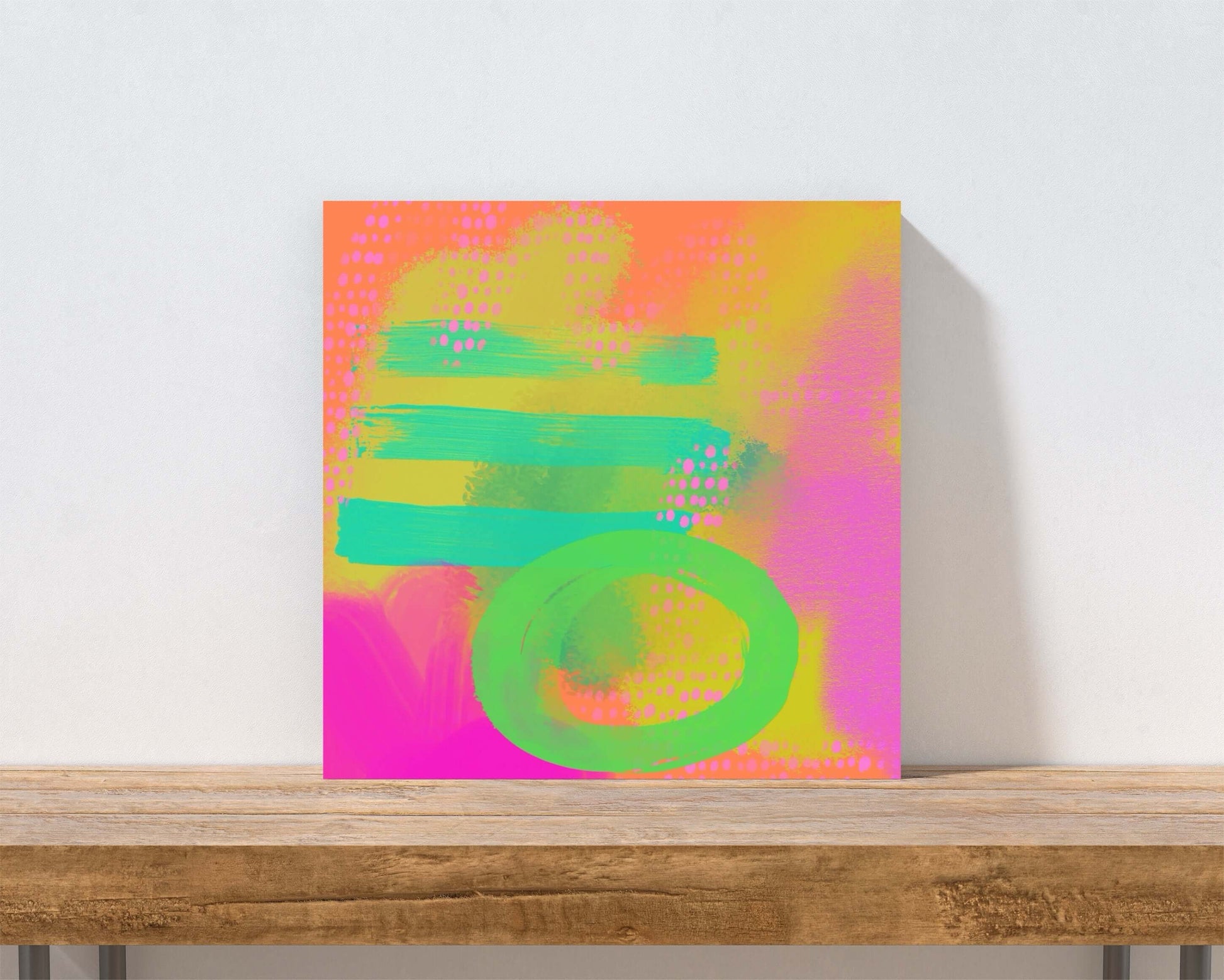 Bright Green, Orange and Pink “Hopscotch” Abstract Art Canvas Print Wall Art Small Canvas on Shelf