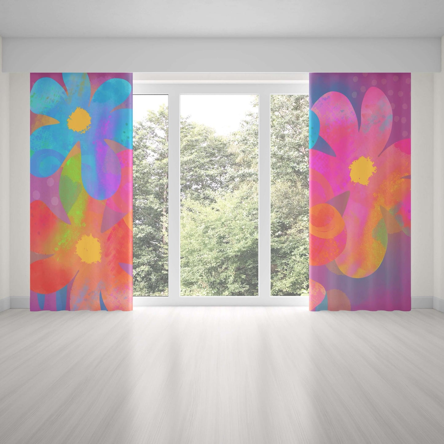 Hippie Flowers Abstract Art Unlined Colorful Window Curtains