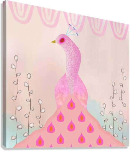 Light Pink Peacock on Beige Background with Willow Buds “Pink Peacock” Canvas Print Wall Art Side View