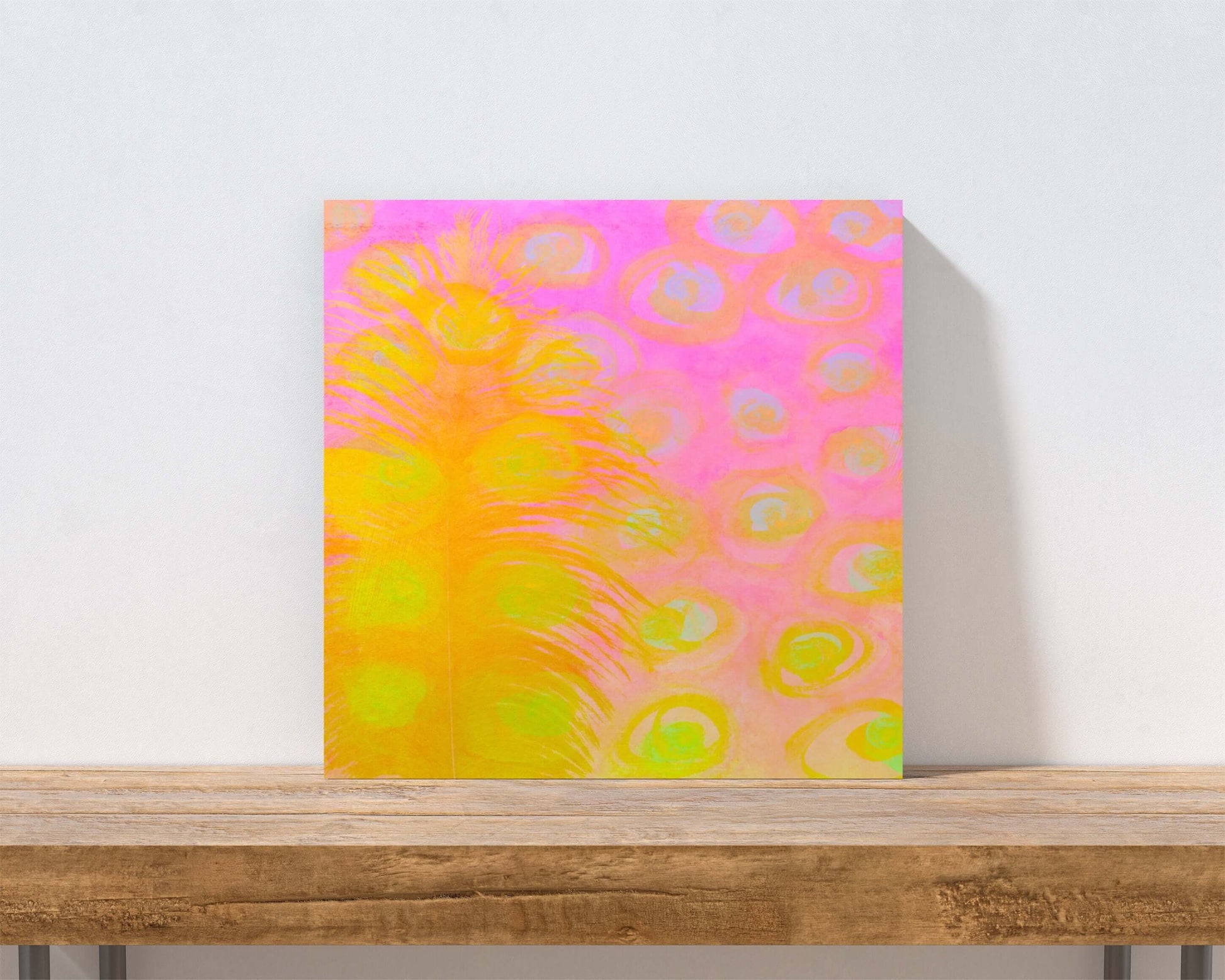 Bright Yellow Ostrich Feather on Pink Background “Poppy” Abstract Art Canvas Print Wall Art Small Canvas on Shelf