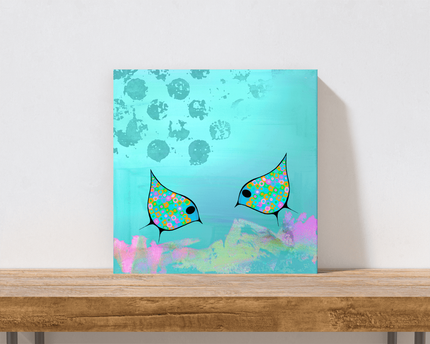 Whimsical Blue Birds on a Blue Mixed Media Background “Blue Birds” Canvas Print Wall Art Small Canvas on Shelf