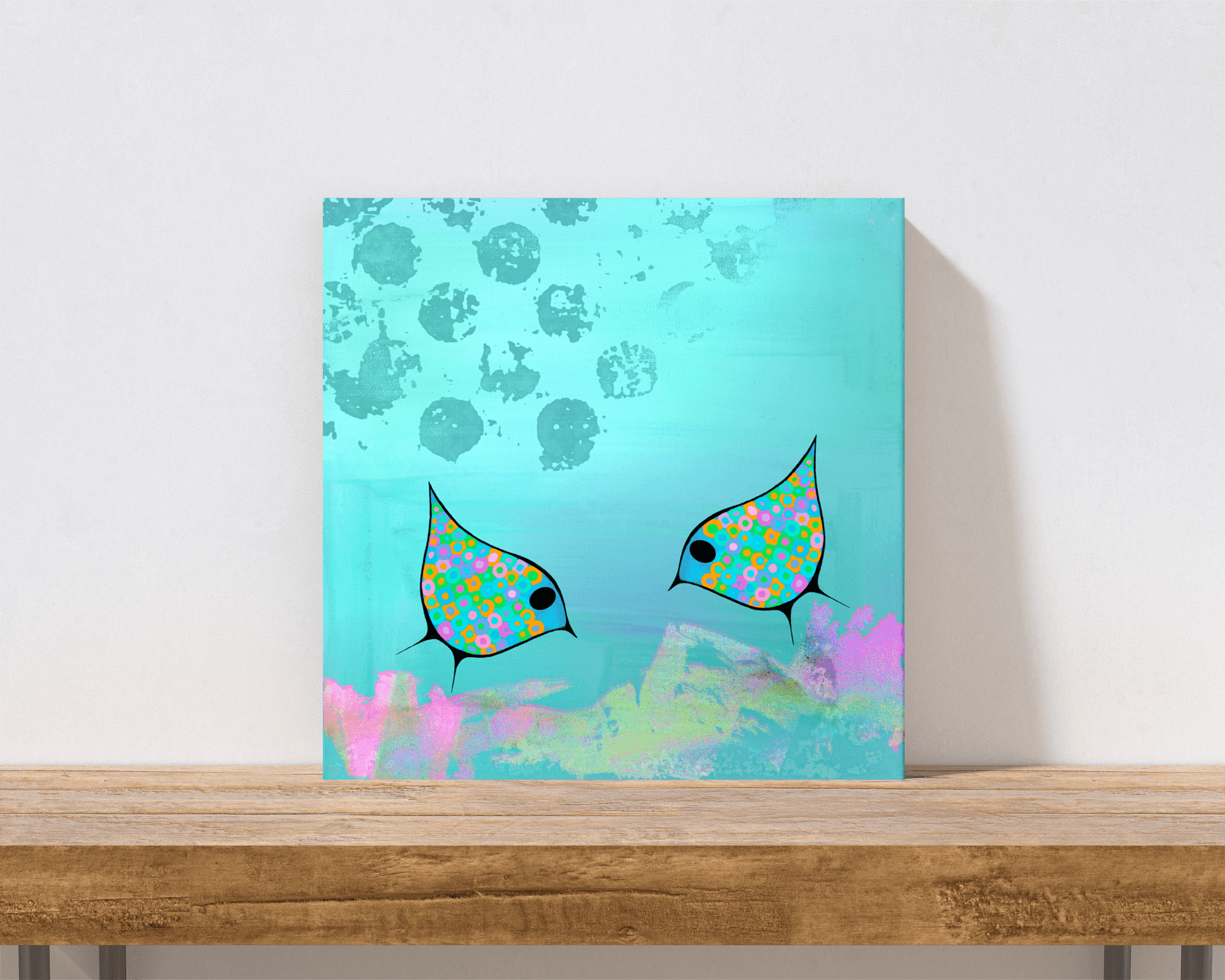 Whimsical Blue Birds on a Blue Mixed Media Background “Blue Birds” Canvas Print Wall Art Small Canvas on Shelf