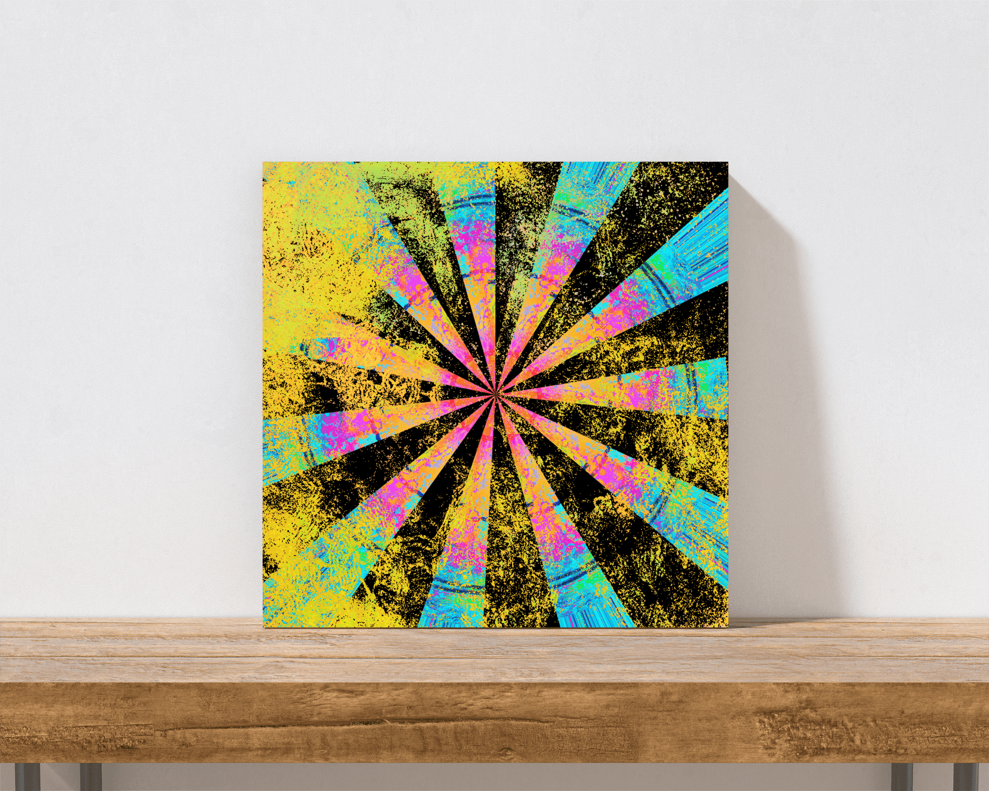 Psychedelic Black Radial with Blue and Yellow “California Dreamin’” Abstract Art Canvas Print Wall Art Small Canvas on Shelf