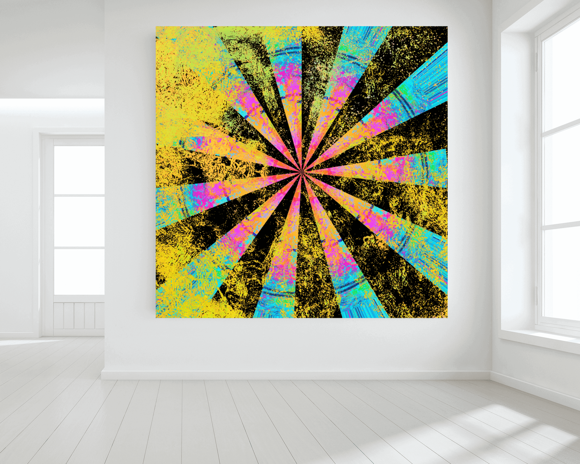 Psychedelic Black Radial with Blue and Yellow “California Dreamin’” Abstract Art Canvas Print Wall Art Large Canvas on Wall